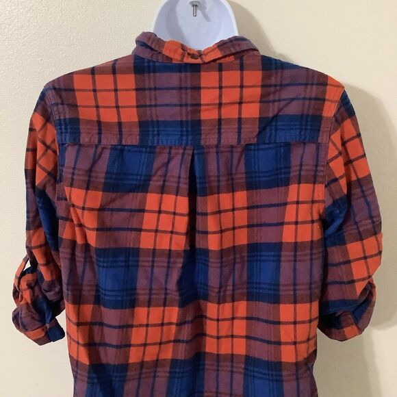 Jack's Girlfriend Blue Orange Plaid Flannel Cotton Country Button Up Shirt Small - Picture 5 of 9